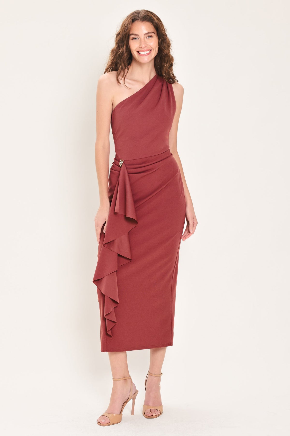 SIENNA STATEMENT BURNT SIENNA RUFFLE ONE-SHOULDER MIDI DRESS