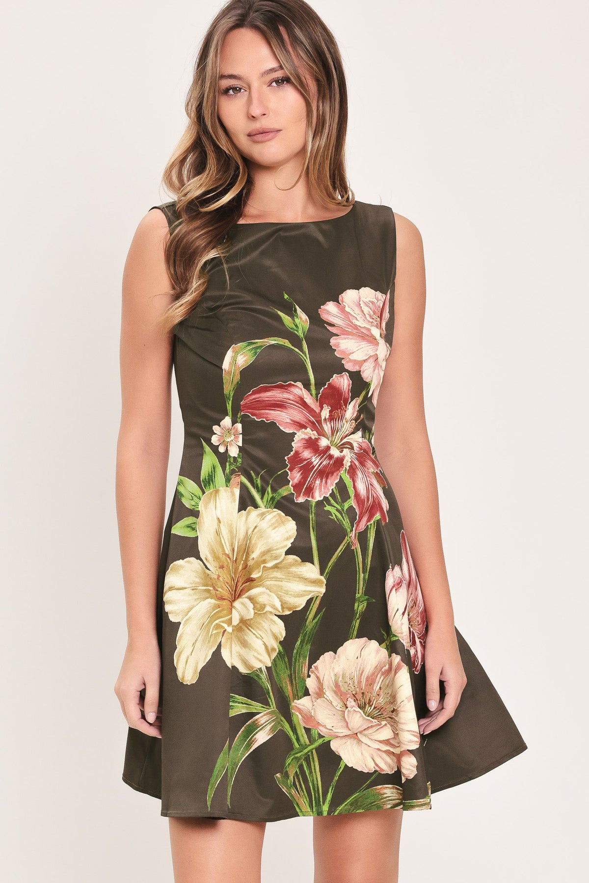 COCOA FLIRT DARK BROWN PRINTED SKATER MINI DRESS