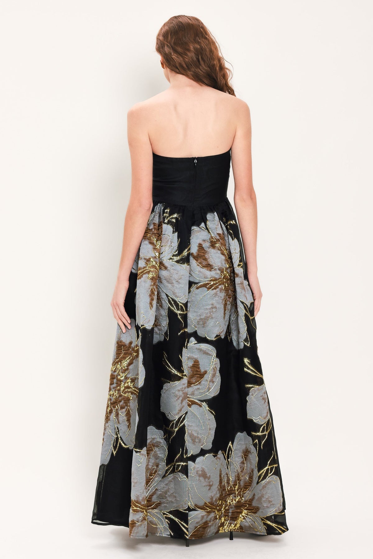 NOIR GARDEN BLACK STRAPLESS PRINTED FULL-SKIRT MAXI DRESS