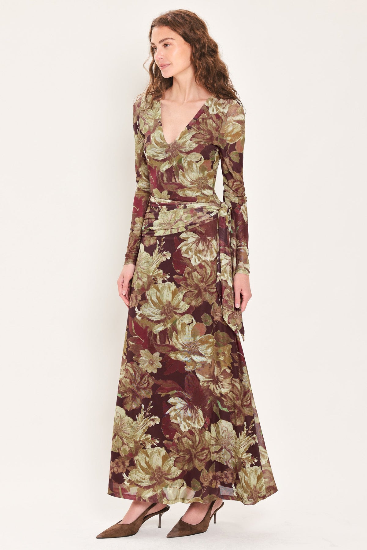 MAROON MUSE DARK MAROON PRINTED SCARF-SASH MESH MAXI DRESS