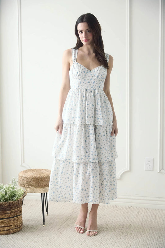 Sky Sleeveless Floral Back Self Tie Tiered Midi Dress