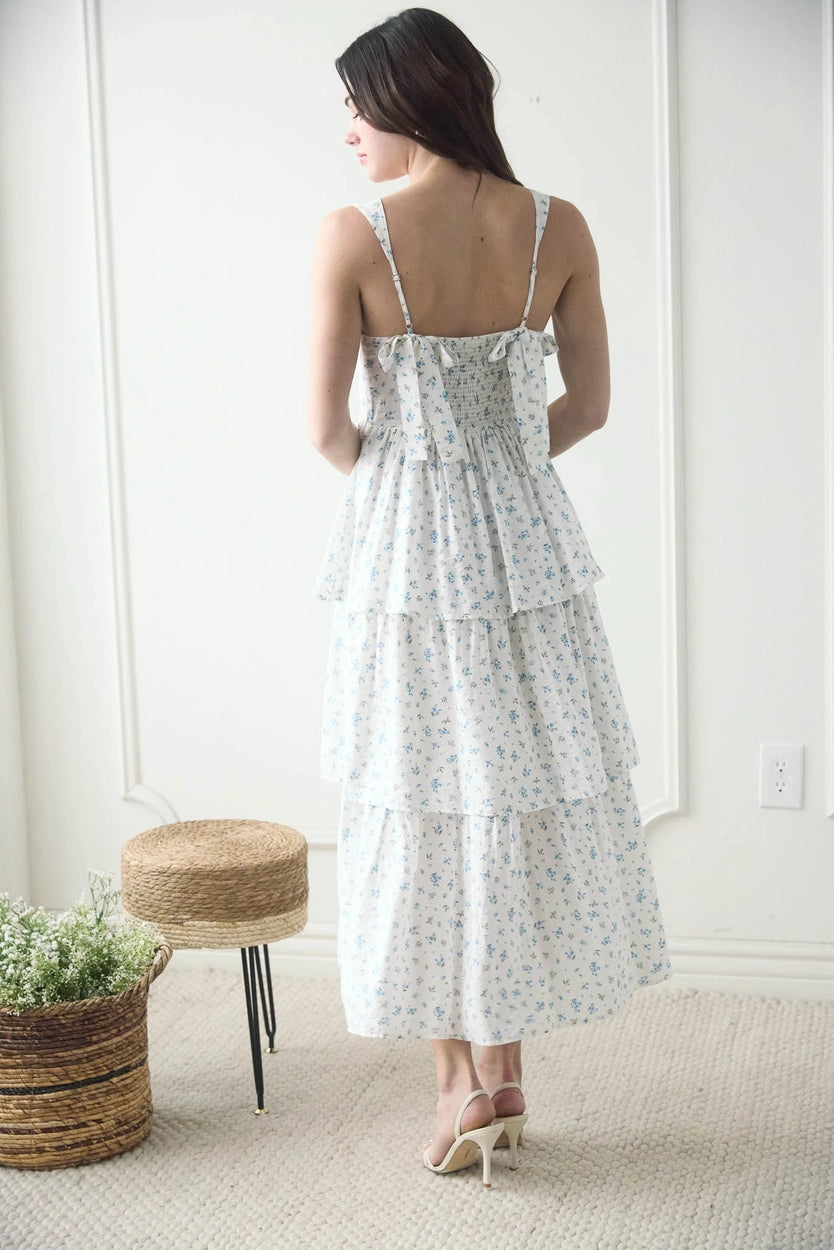 Sky Sleeveless Floral Back Self Tie Tiered Midi Dress