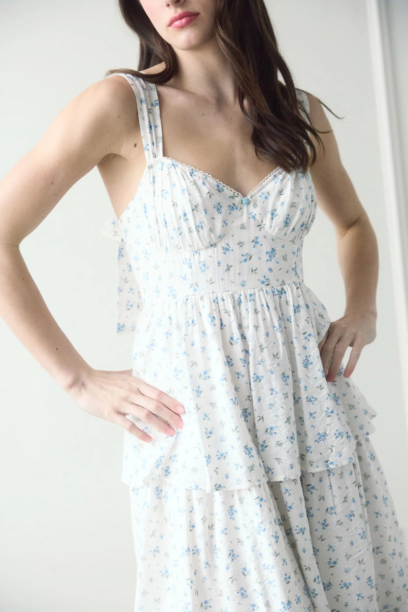 Sky Sleeveless Floral Back Self Tie Tiered Midi Dress