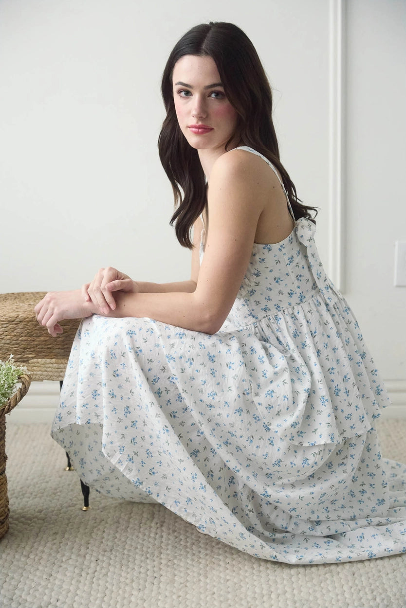 Sky Sleeveless Floral Back Self Tie Tiered Midi Dress