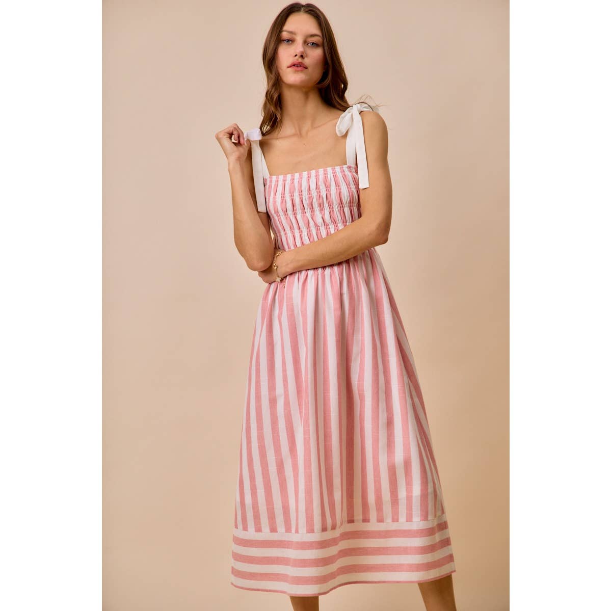 STRIPE LINEN BLEND MIDI DRESS WITH SMOCKED DETAIL