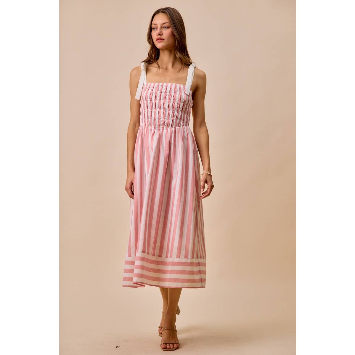 STRIPE LINEN BLEND MIDI DRESS WITH SMOCKED DETAIL