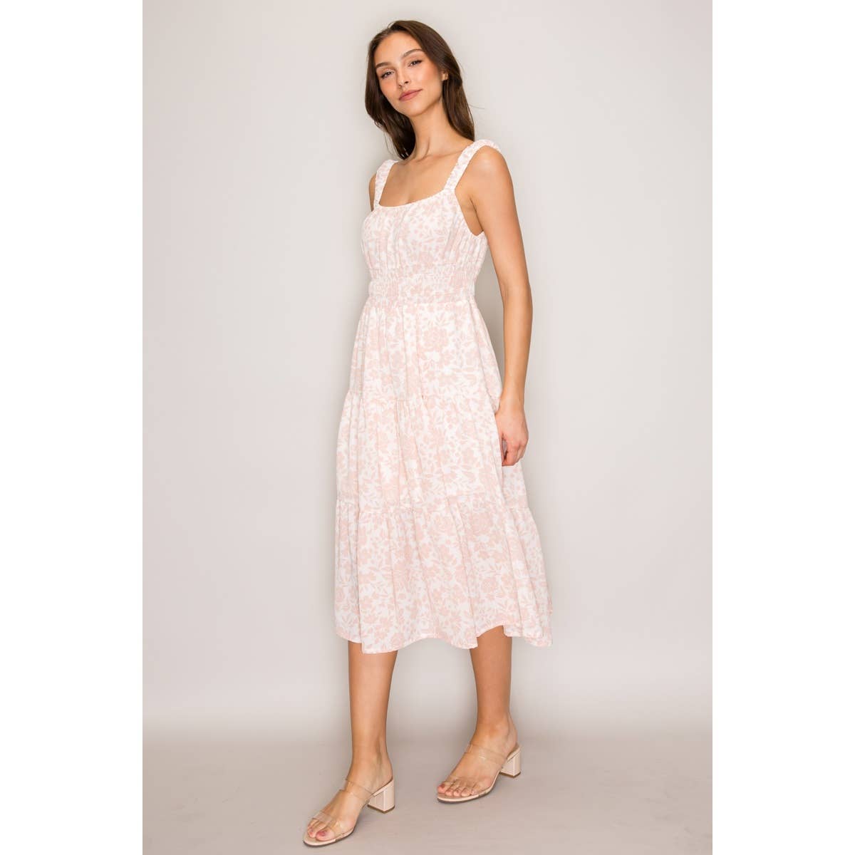 PINKY FLOWERS LINED MIDI DRESS