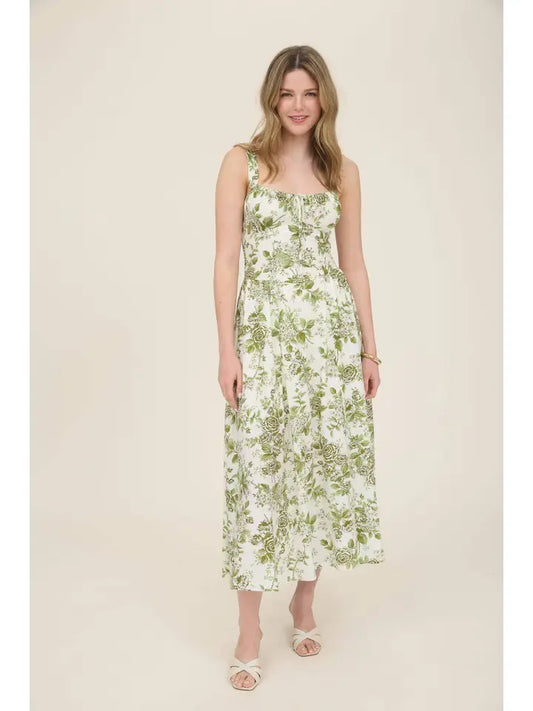 Rose Print Sleeveless Corset Detail Midi Dress